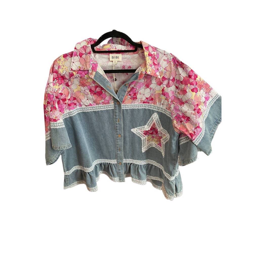 NEW BIBI women's denim floral button up crop top in pink multi